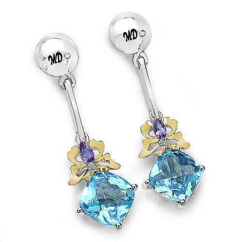 Pendientes de Topacio Azul y Amatista de 5.55 Quilates en Plata Esterlina