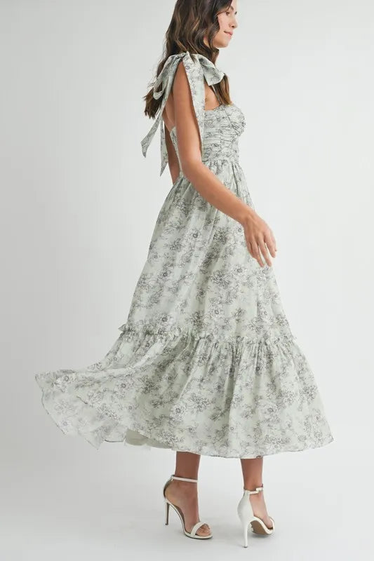 Robe midi froncée à buste floral avec lien d'épaule
