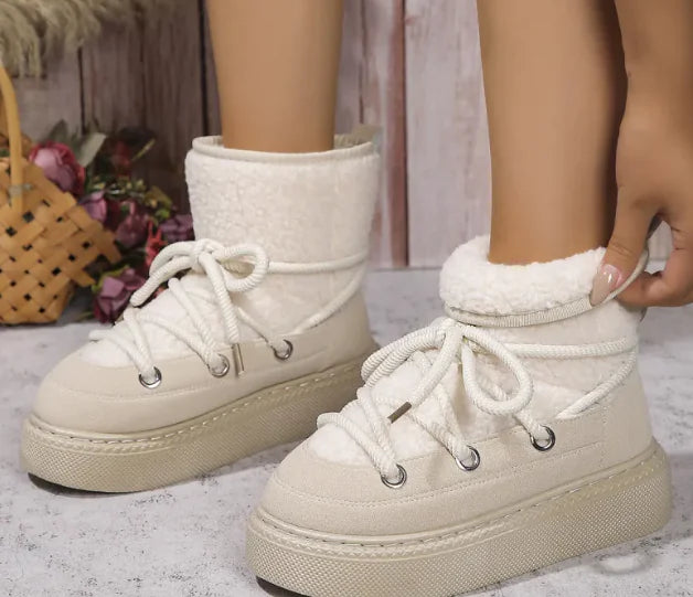 Botas de Nieve con Cordones de Moda para Mujeres - Botín Corto Cálido y Casual