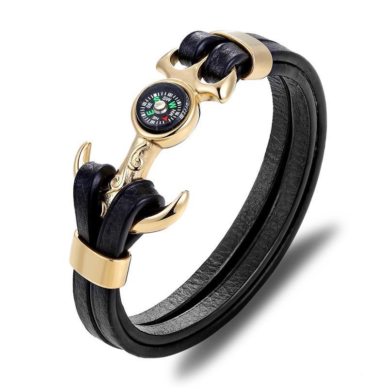 Bracelet en cuir et acier inoxydable à charms multi-couches élégant