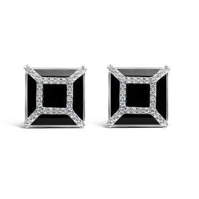 Pendientes de Stud de Diamante y Ónix Negro de Oro Blanco de 14K