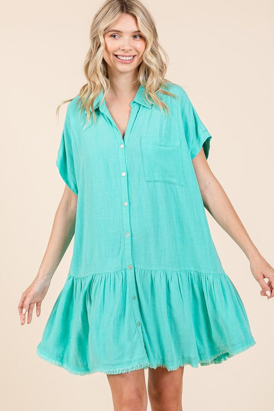 Summer Linen Blend Button Down Mini Dress for Women