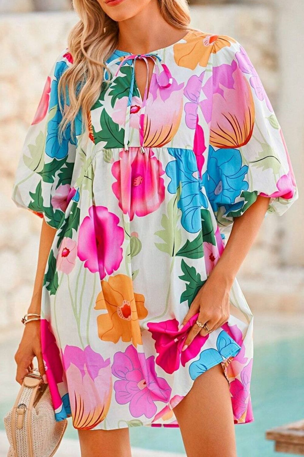 Chic Floral Tie Neck Dress - Elegant & Versatile for Every Occasion - Korvel