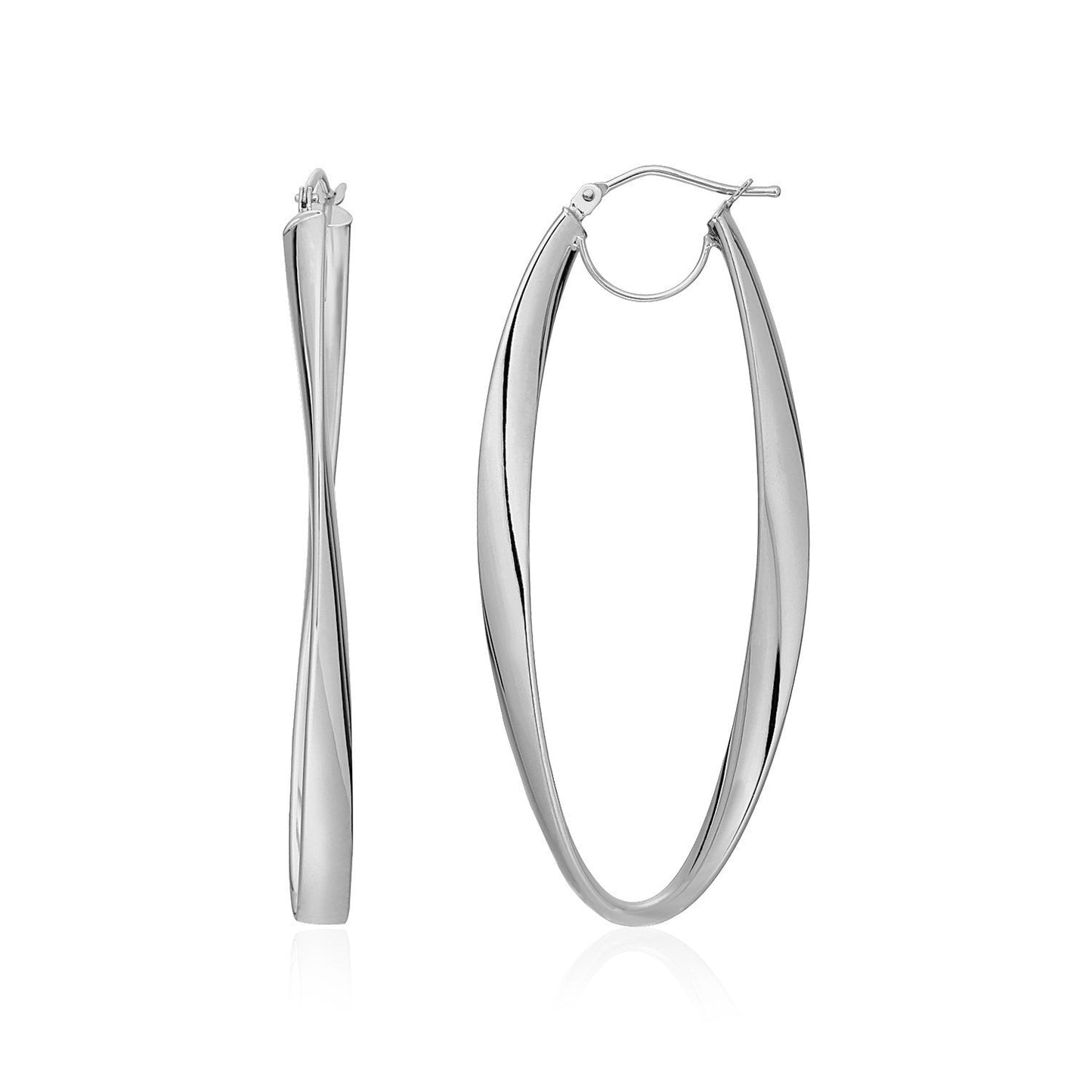 14k White Gold Twist Motif Oval Hoop Earrings