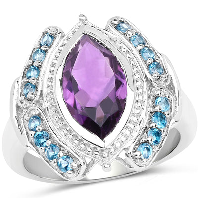 3.06 Carat Genuine Amethyst & London Blue Topaz Ring