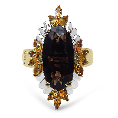 Anillo de cóctel de cuarzo ahumado y citrino chapado en oro amarillo de 14K