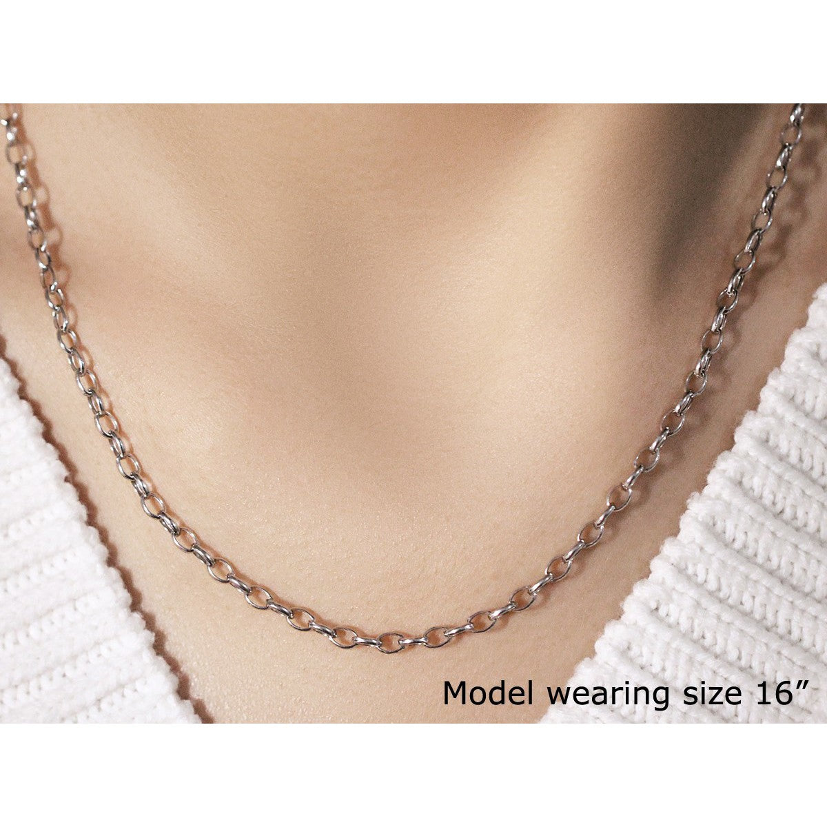 14k White Gold Oval Rolo Chain - 3.2mm