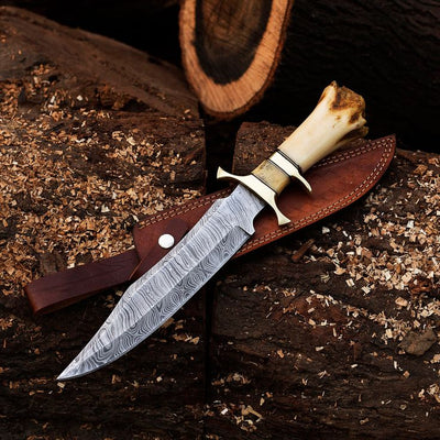 Premium 15-Inch Custom Handcrafted Bowie Knife with Damascus Steel Blade | Ergonomic Bone Handle & Leather Sheath | KBS Knives - Korvel