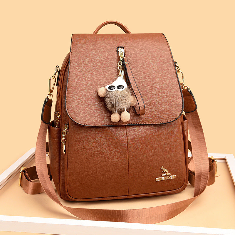 Sac à dos en cuir véritable avec pendentif pour étudiantes