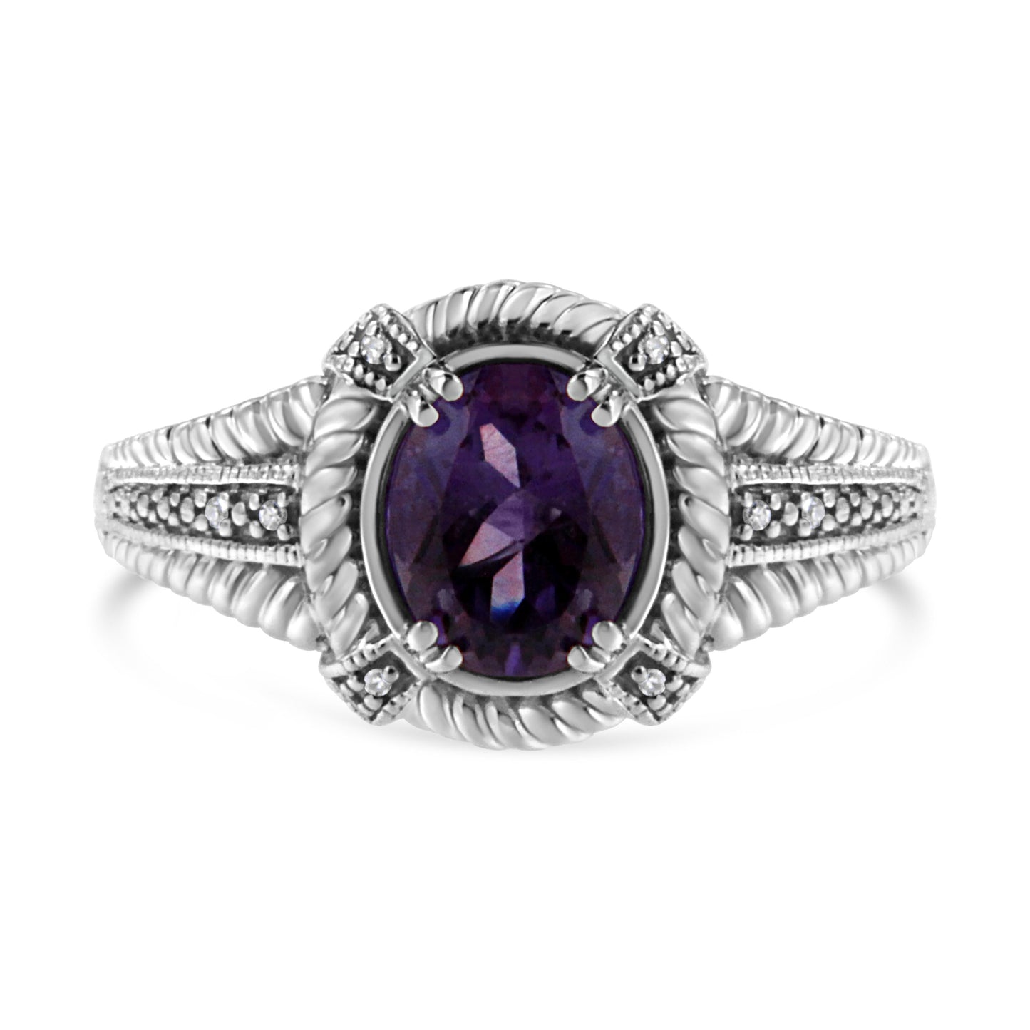 .925 Sterling Silver Amethyst and Diamond Accent Ring - Size 7
