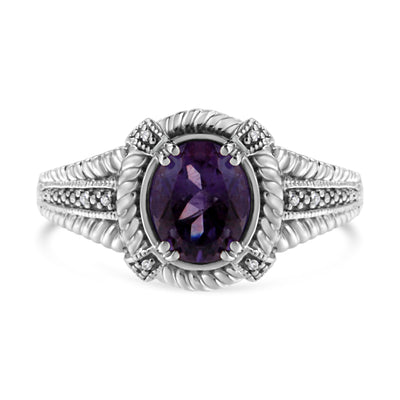 .925 Sterling Silver Amethyst and Diamond Accent Ring - Size 7