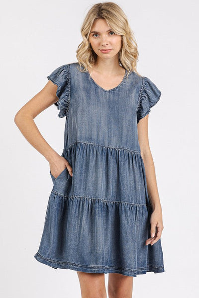 V-Neck Ruffled Cap Sleeve Mini Dress for Women