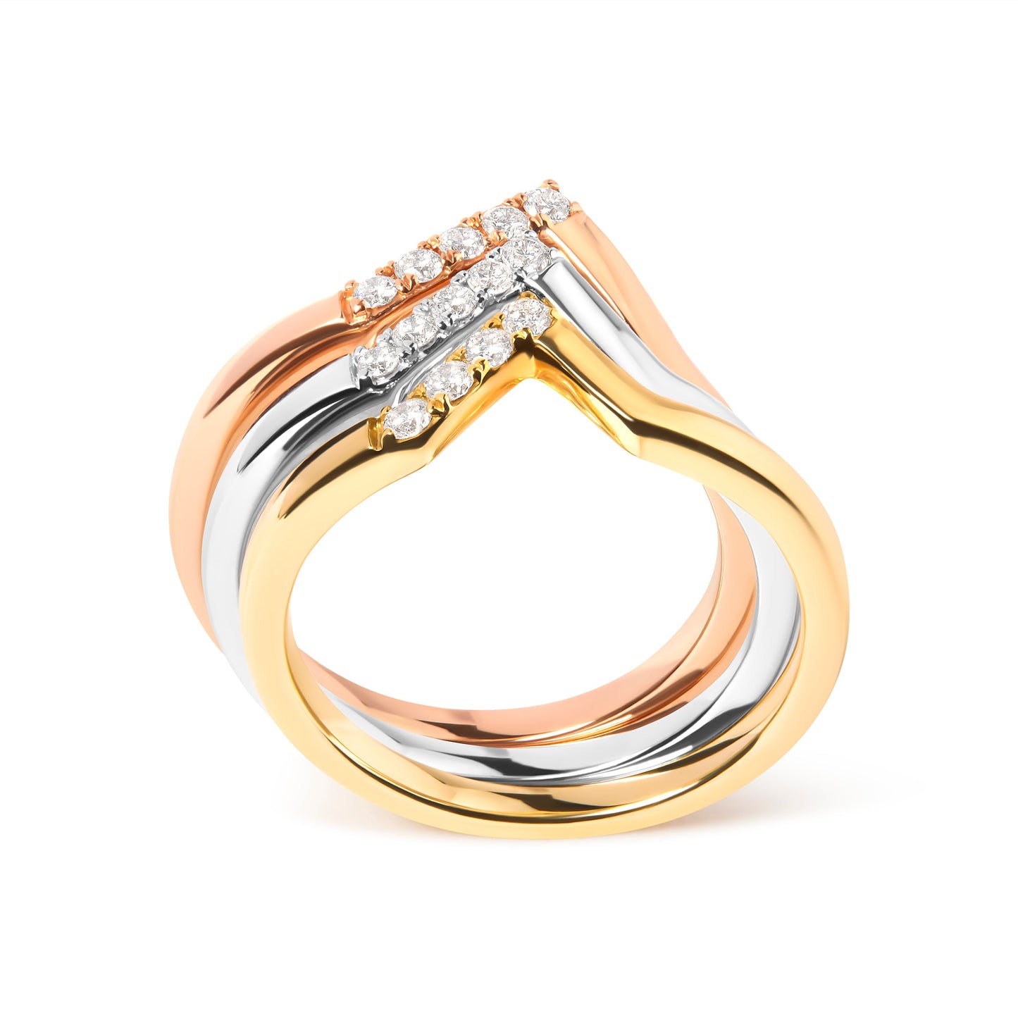 14K Gold Diamond Geometrical Chevron V Stackable Band Ring Set - Size 7