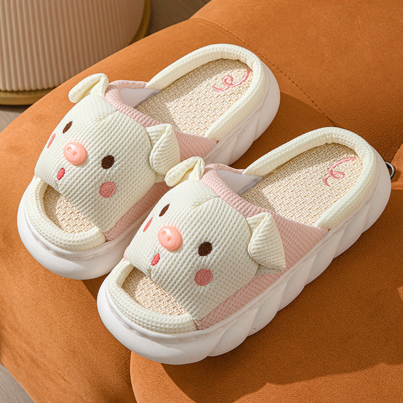 Piggy Cute Couple Open Toe Linen Cotton Linen Slippers - Korvel