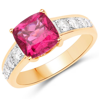 Bague en Or Jaune 14K avec Rubellite et Diamants Blancs de 2,70 Carats