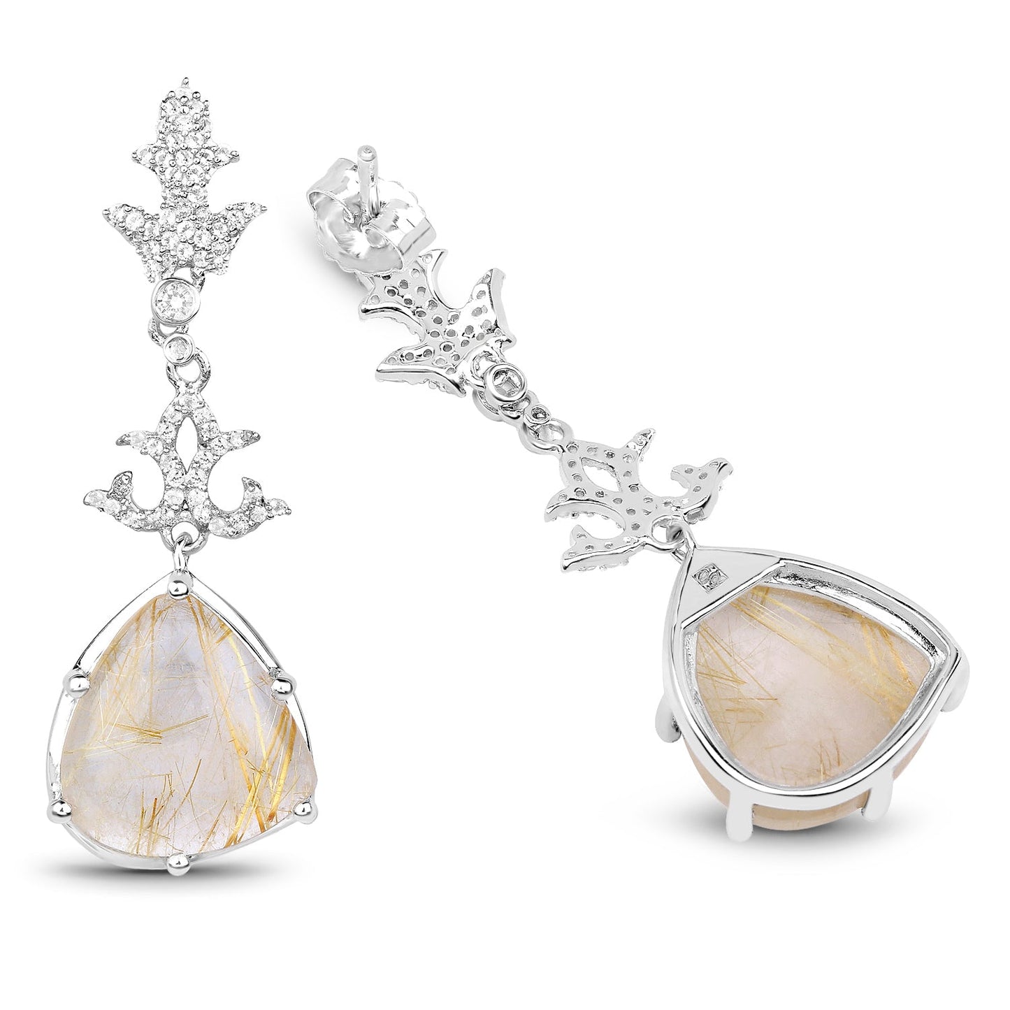Boucles d'oreilles en argent sterling avec rutile doré de 15,97 carats et topaze blanche
