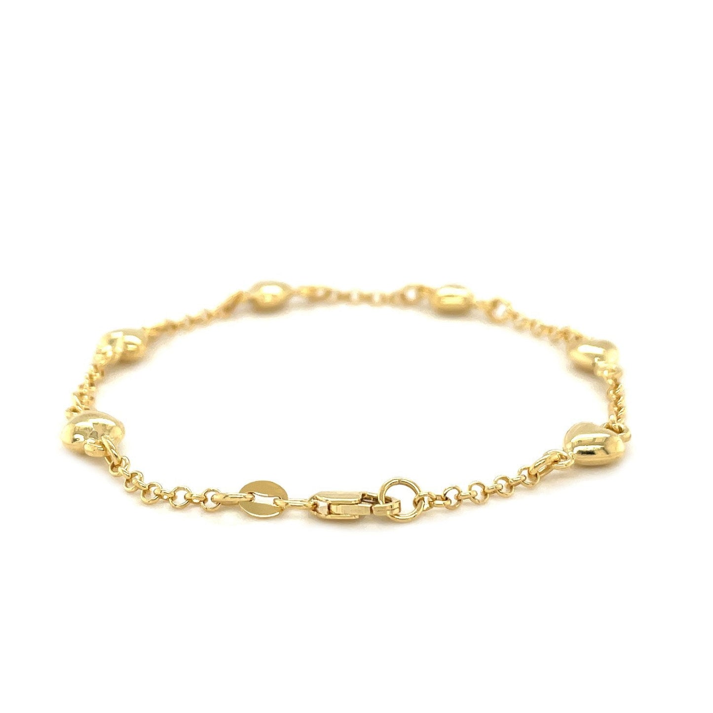 14k Yellow Gold Rolo Chain Bracelet with Heart Stations
