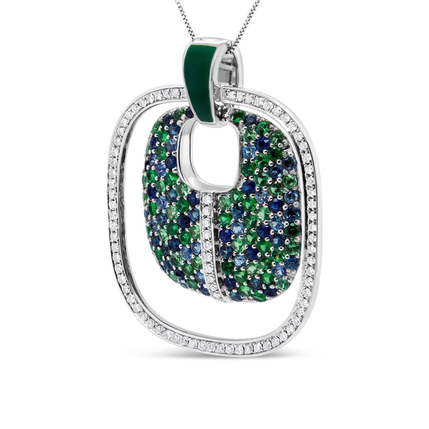 .925 Sterling Silver Green Enamel Pendant Necklace with Diamonds and Gemstones