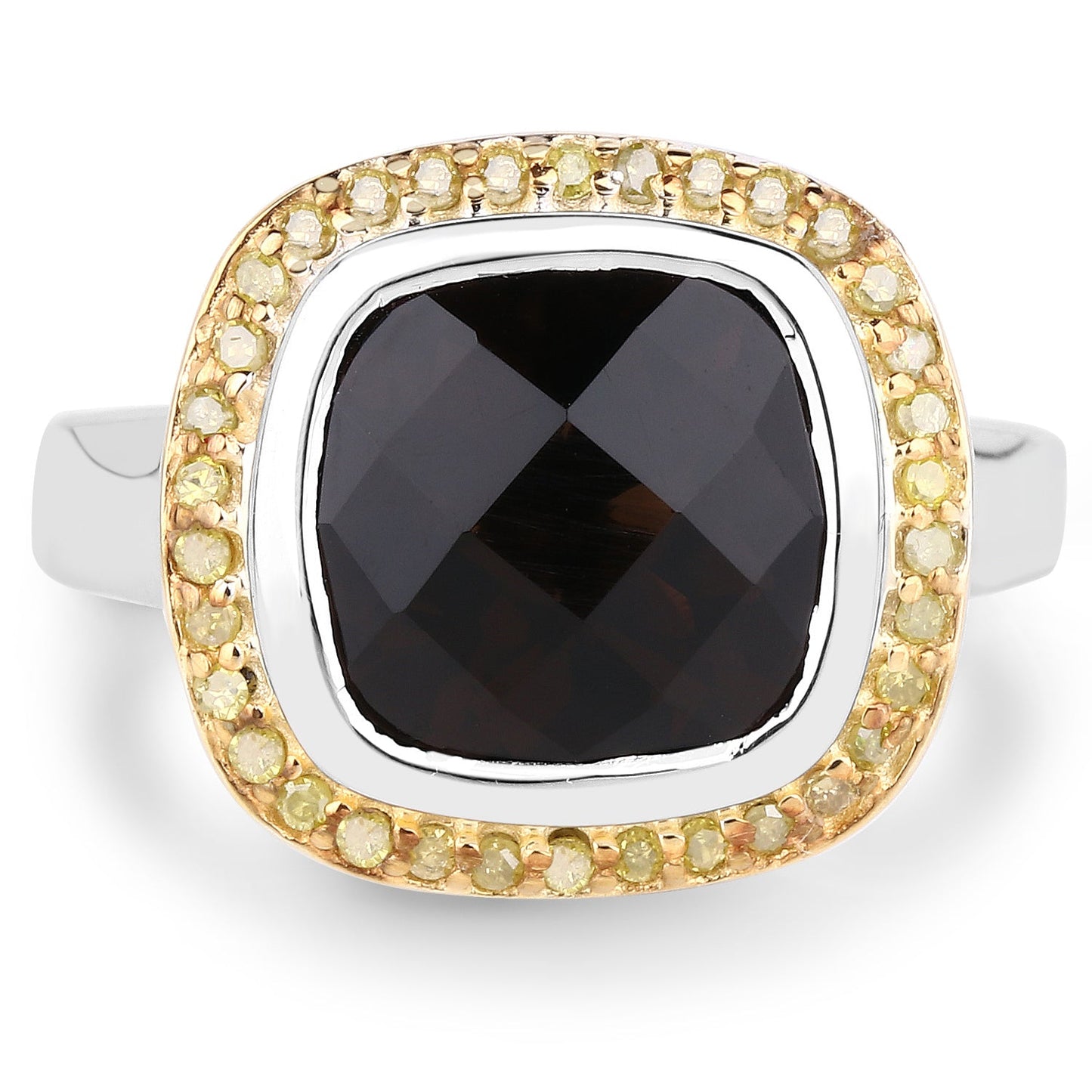 Anillo de plata esterlina con cuarzo ahumado de 3.67 quilates y diamantes amarillos
