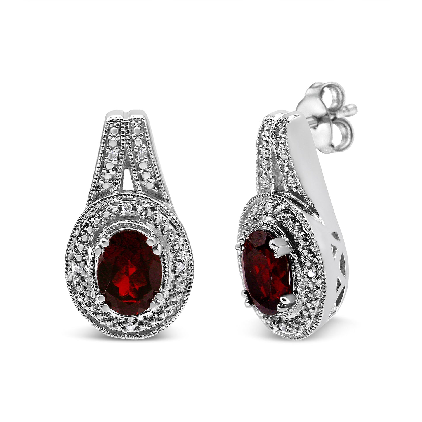.925 Sterling Silver Red Garnet and Diamond Accent Stud Earrings