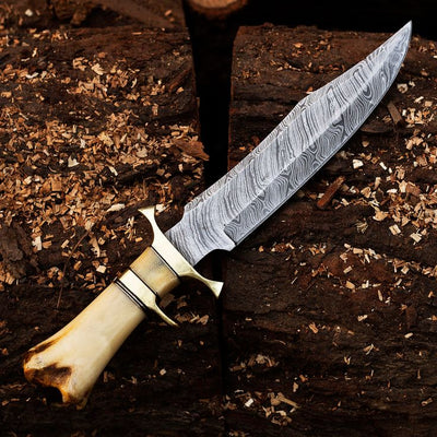 Premium 15-Inch Custom Handcrafted Bowie Knife with Damascus Steel Blade | Ergonomic Bone Handle & Leather Sheath | KBS Knives - Korvel