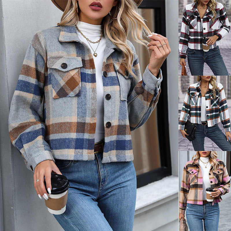 Plaid Women's Woolen Short Coat for Autumn & Winter