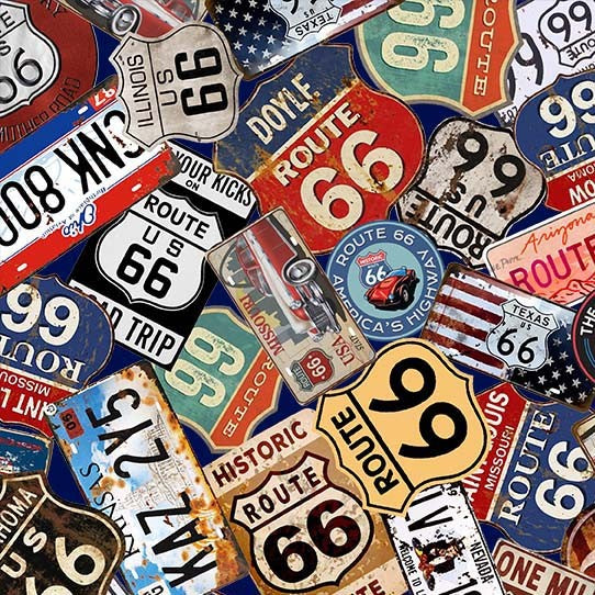 Route 66 Signs Cotton Fabric - 44"/45" Per Yard