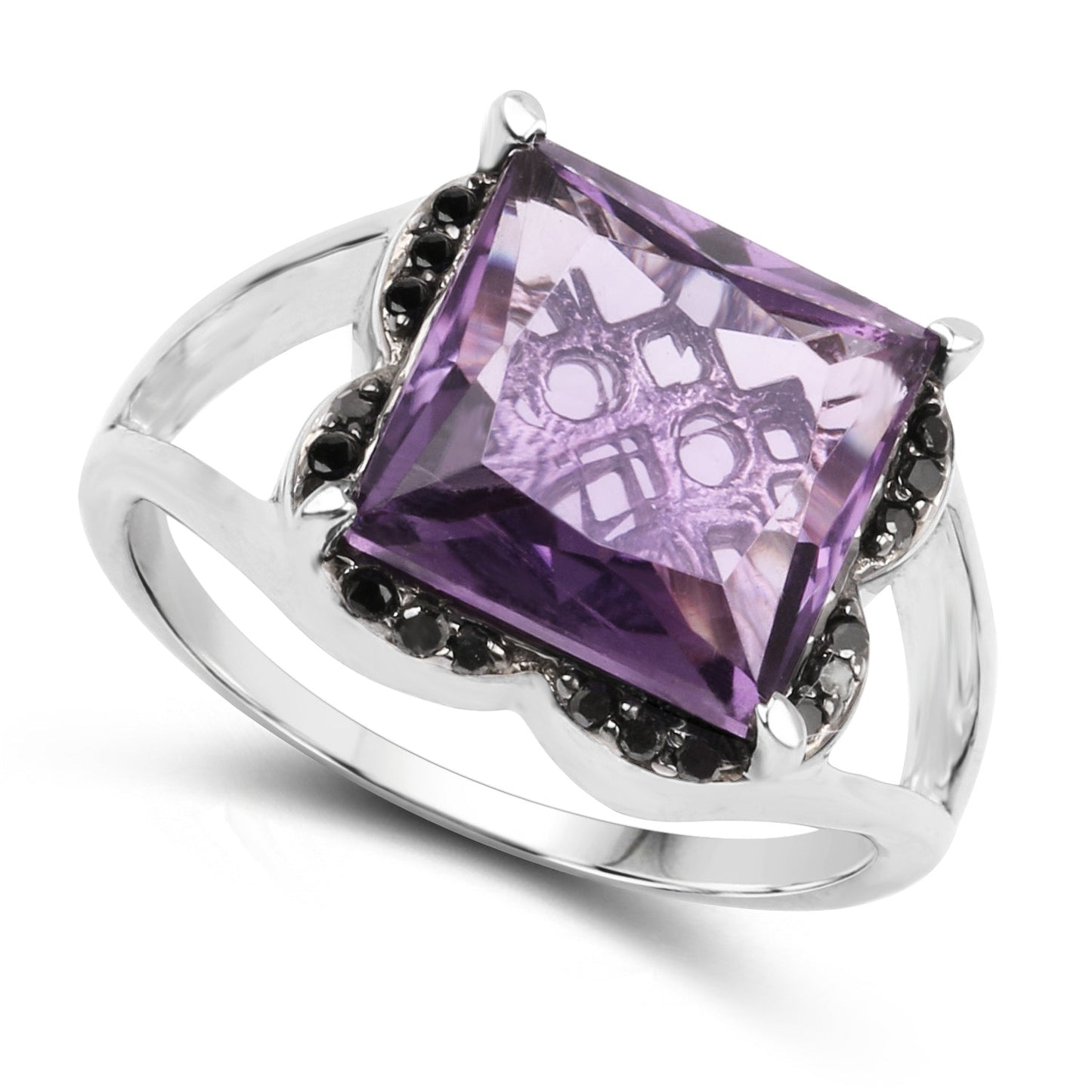 Bague en argent sterling avec améthyste de 4,58 carats et diamants noirs
