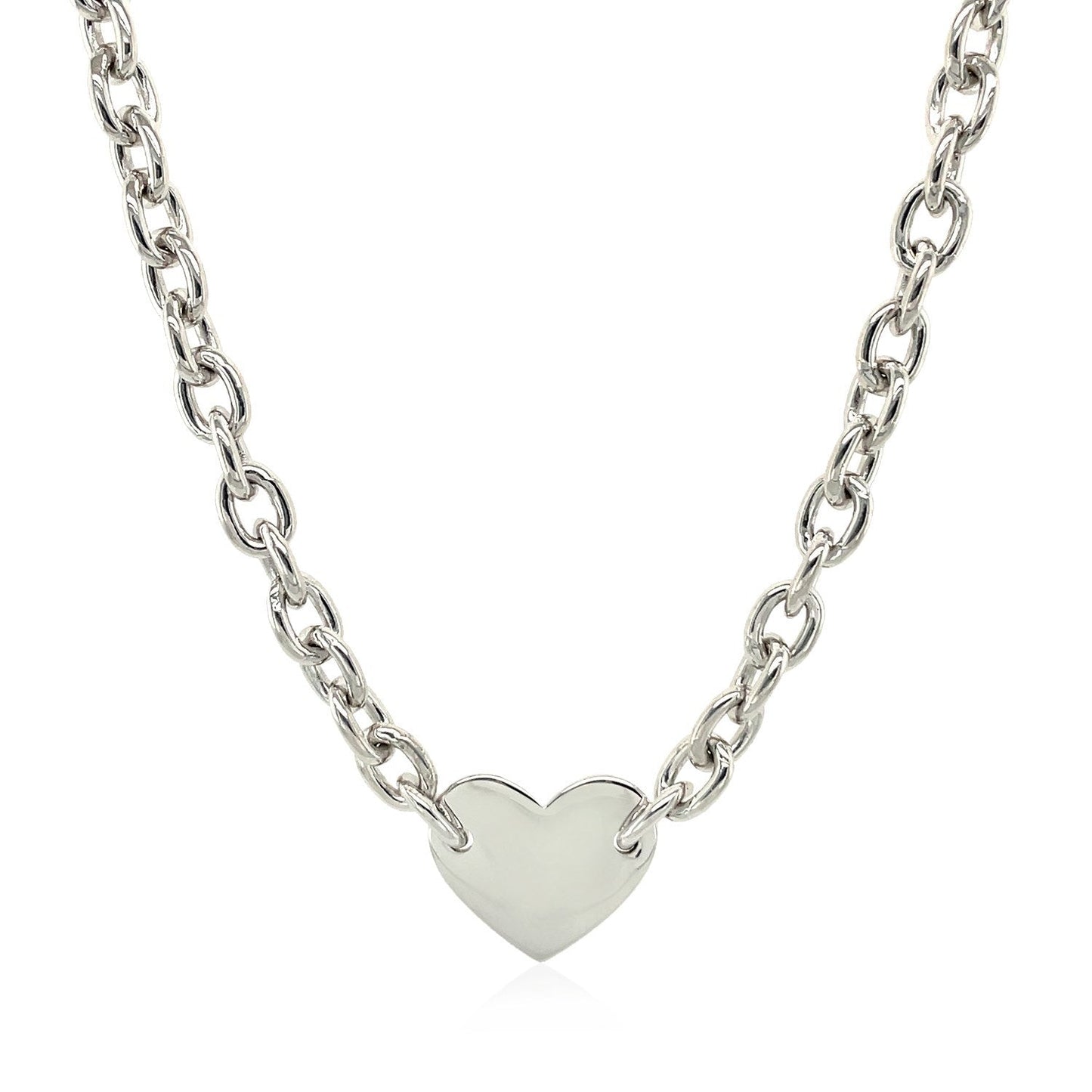 Sterling Silver Rhodium Plated Heart Motif Chain Necklace