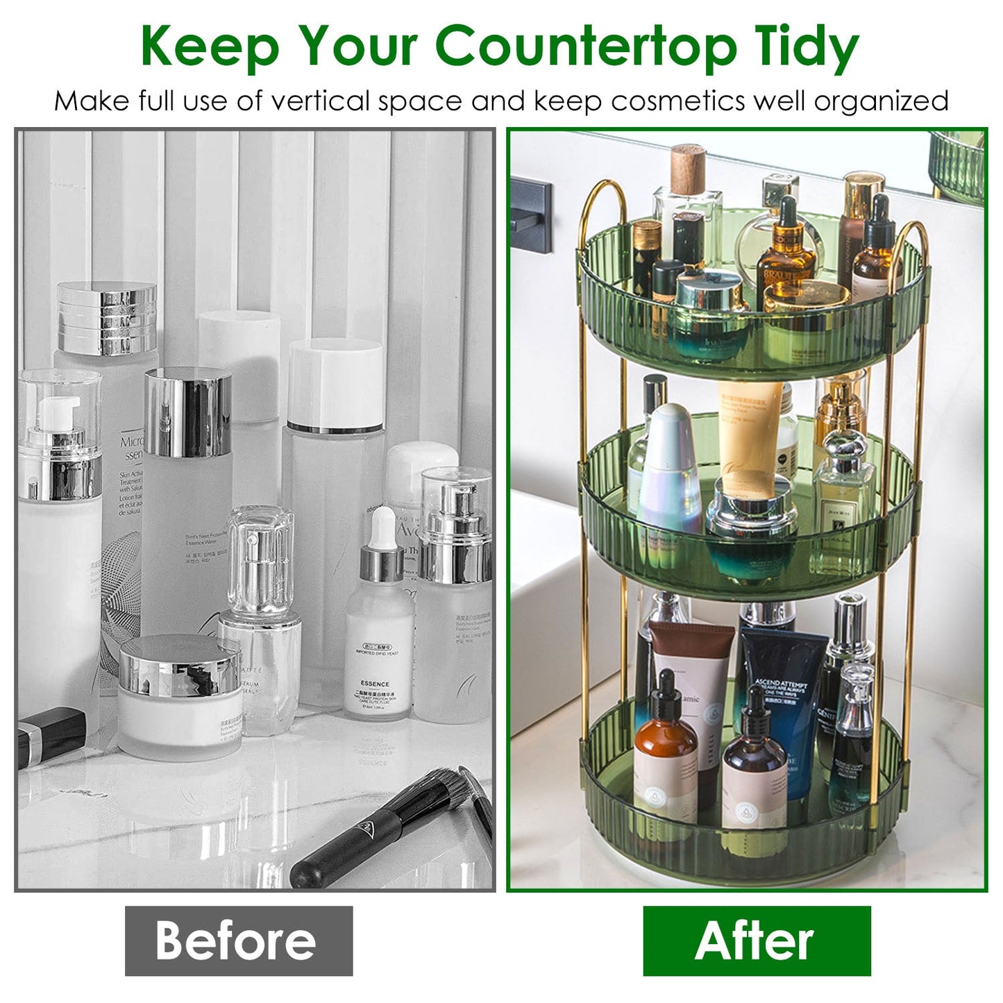 3 Tier Rotating Makeup Organizer - 360° Spinning Storage Tray