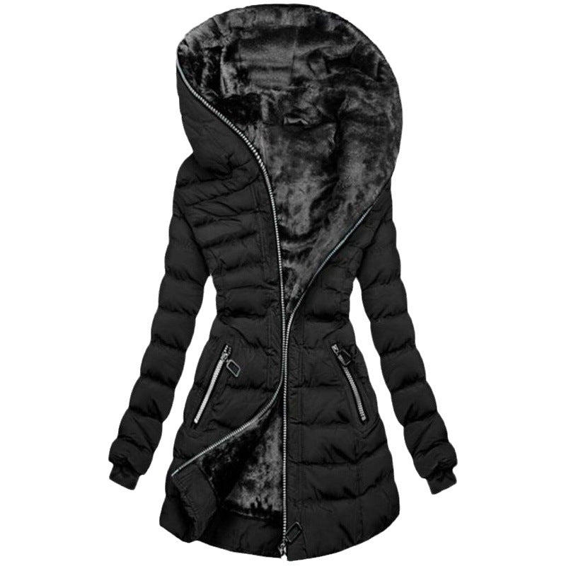 Abrigo acolchado de algodón grueso para mujer elegante con cuello de piel
