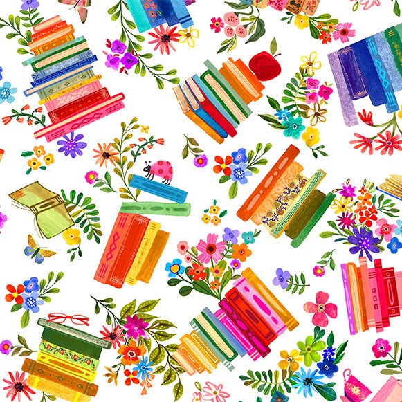 Tissu en coton Books are Magic - Blanc, 44"/45" par yard