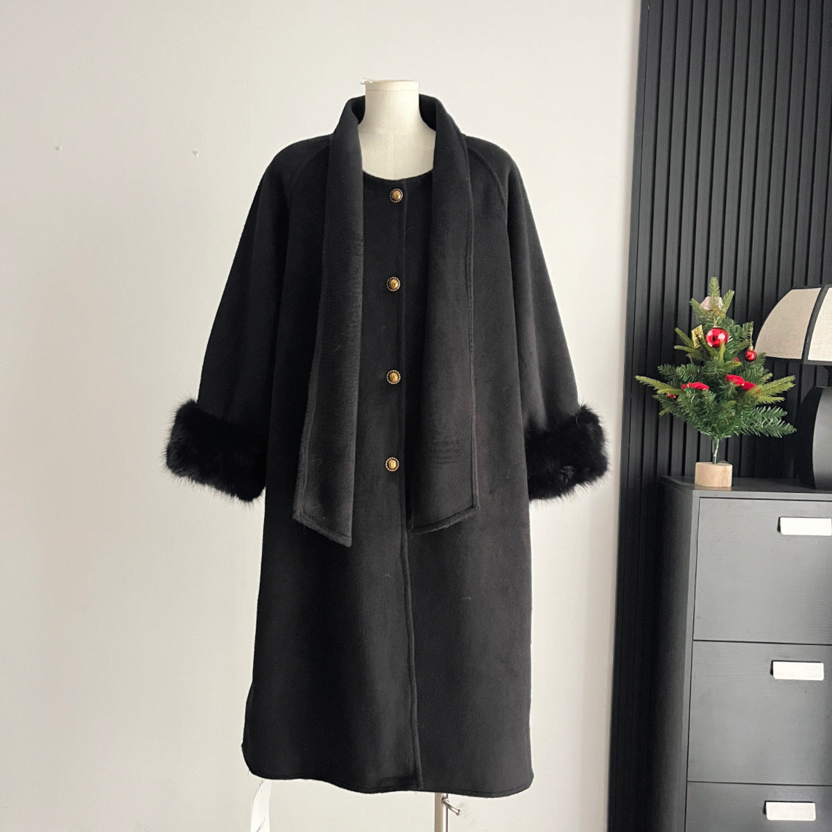 Manteau en laine double face à manches en fourrure pour femmes haut de gamme