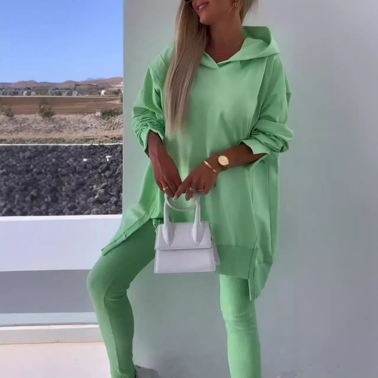 Women's Sports Casual Slit Hooded Sweatshirt Tights Set