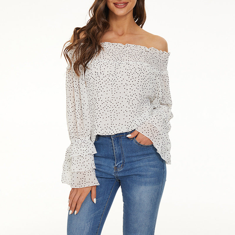 Blouse en Chiffon Élégante à Manches Longues et Épaules Dégagées avec Pois
