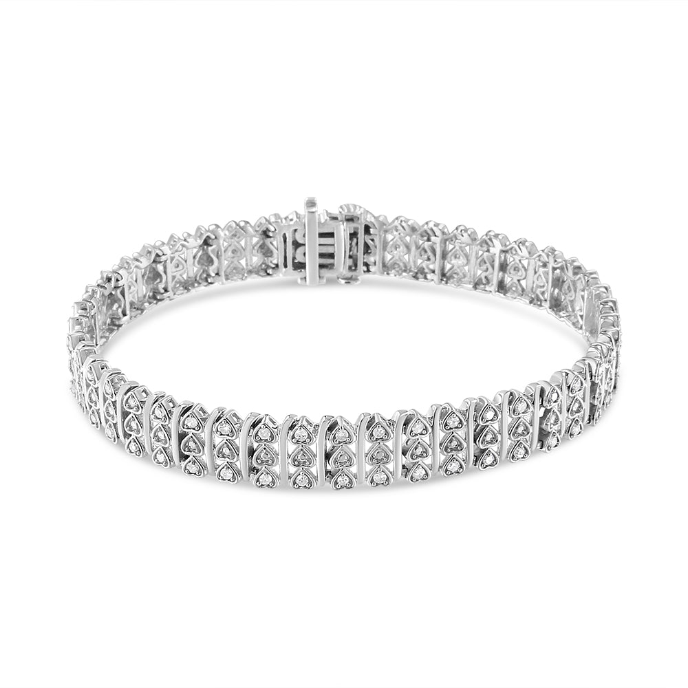 .925 Sterling Silver Diamond Multi Row Heart Link Bracelet - 7.25"