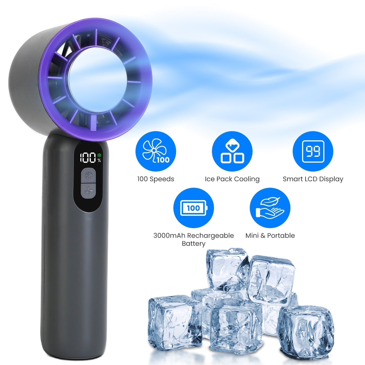 Ventilateur portable à main 100 vitesses avec refroidisseur à glace - Rechargeable et portable