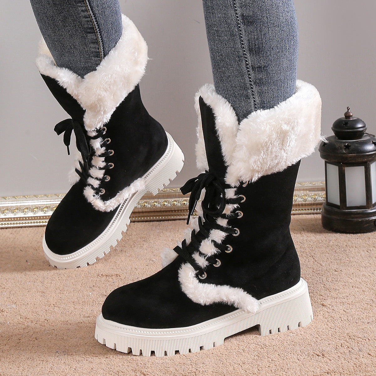 Winter Lace-up Snow Boots for Women - Plush Warm Chunky Heels