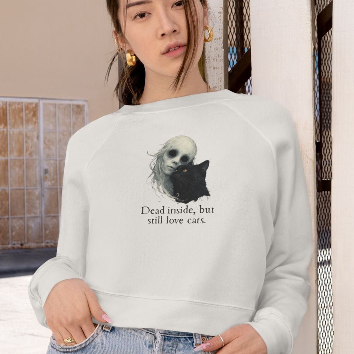 Dead Inside Cat-Lover Cropped Fleece Pullover