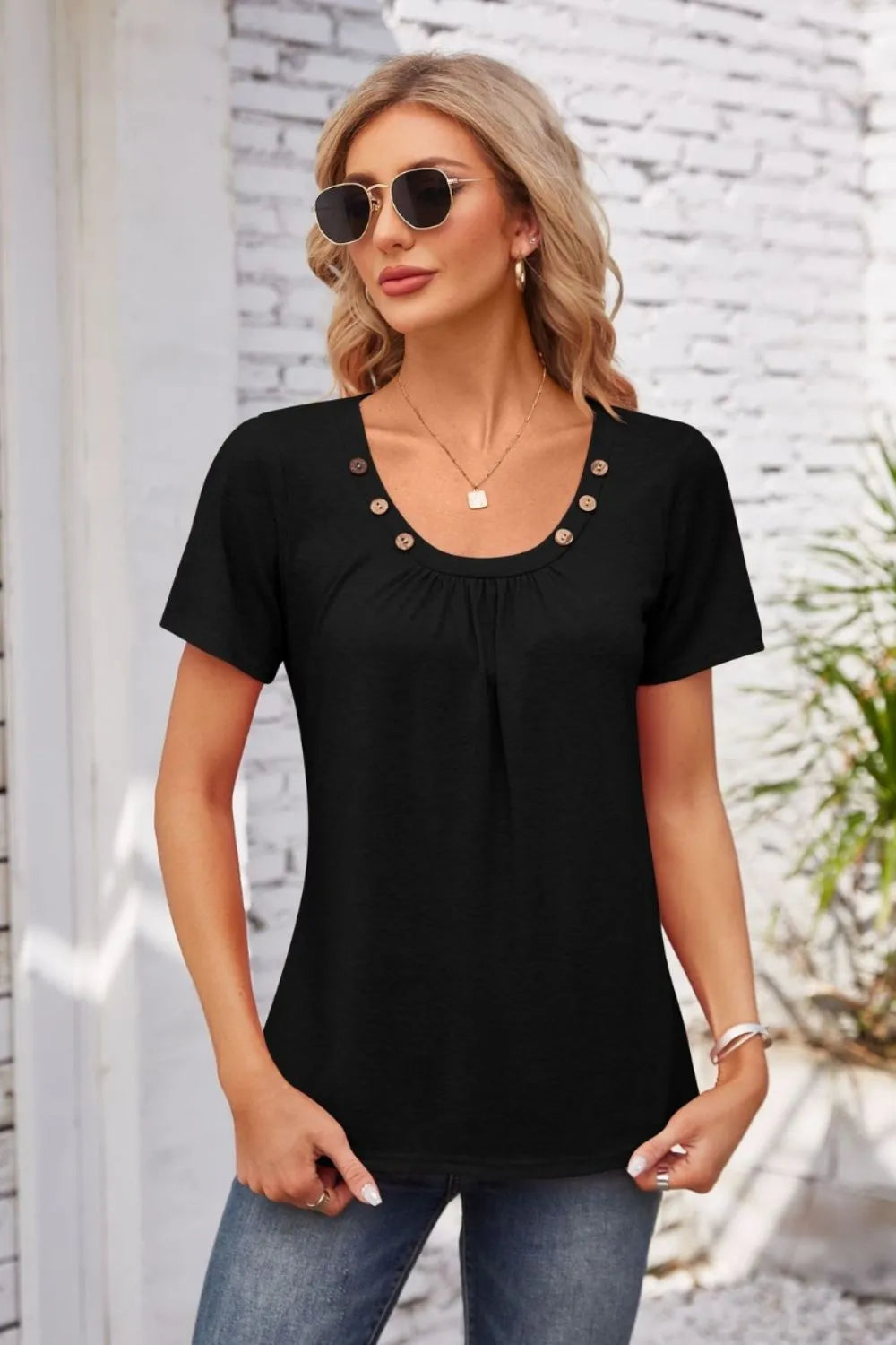 Decorative Button Scoop Neck T-Shirt - Korvel