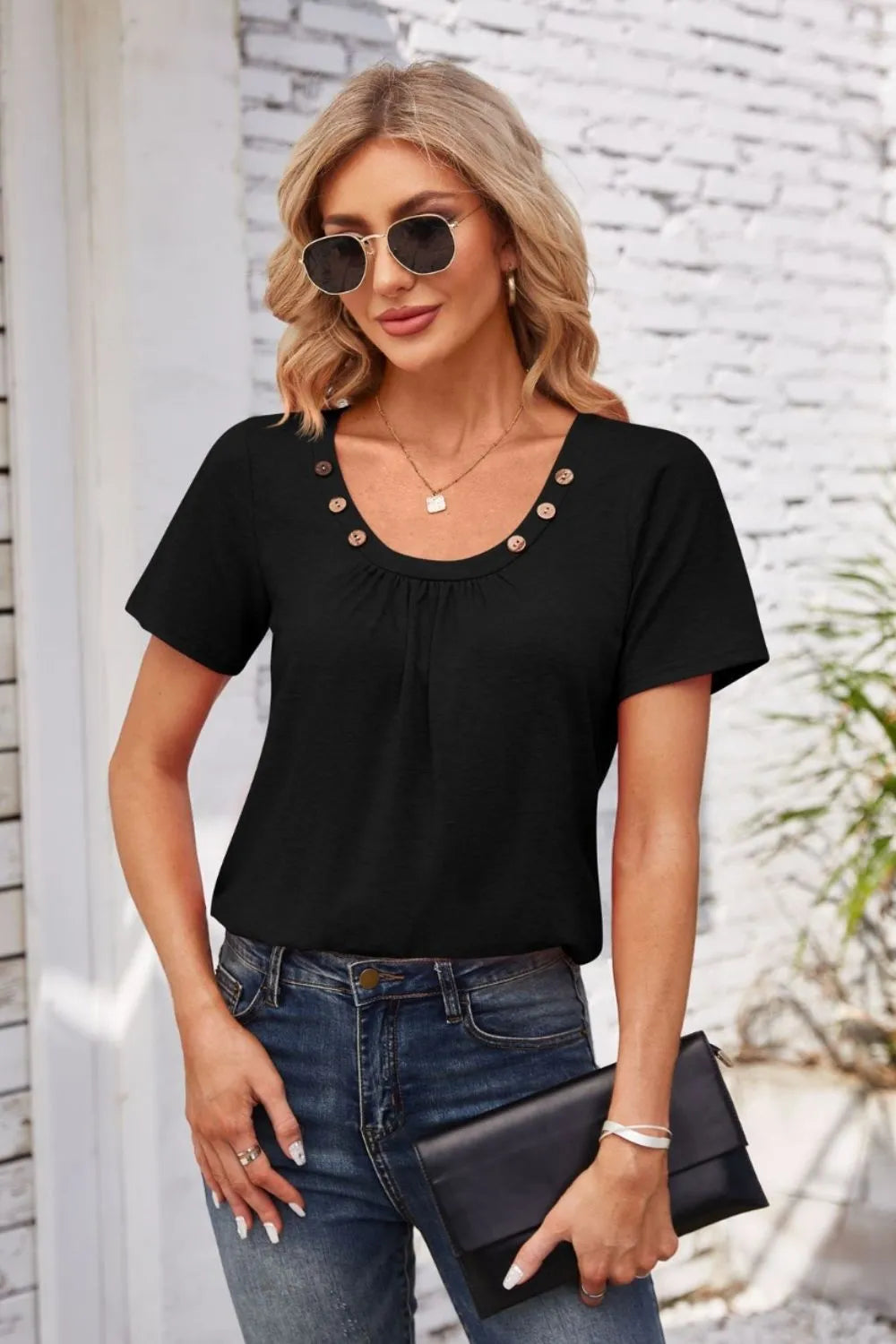 Decorative Button Scoop Neck T-Shirt - Korvel