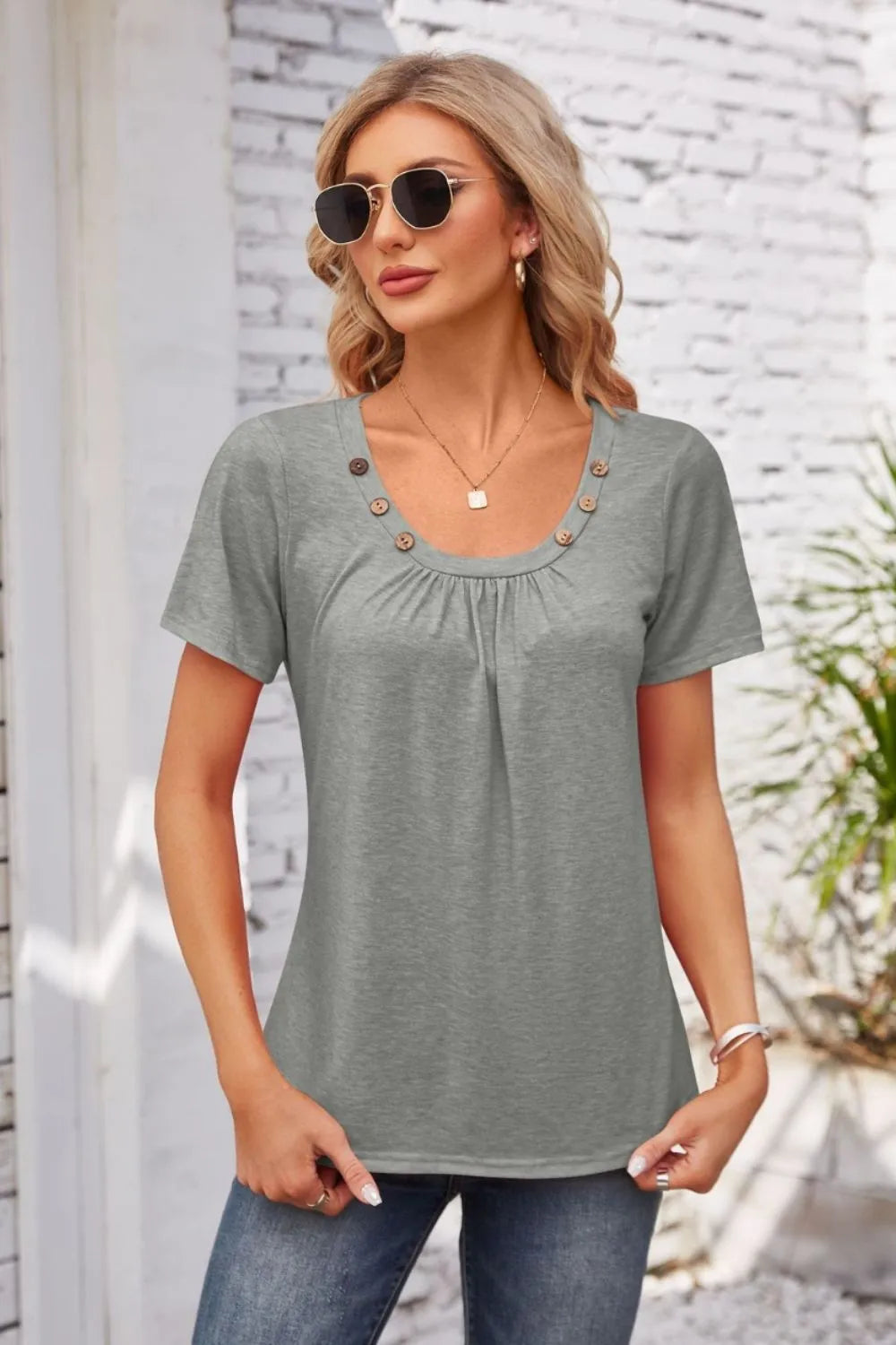 Decorative Button Scoop Neck T-Shirt - Korvel