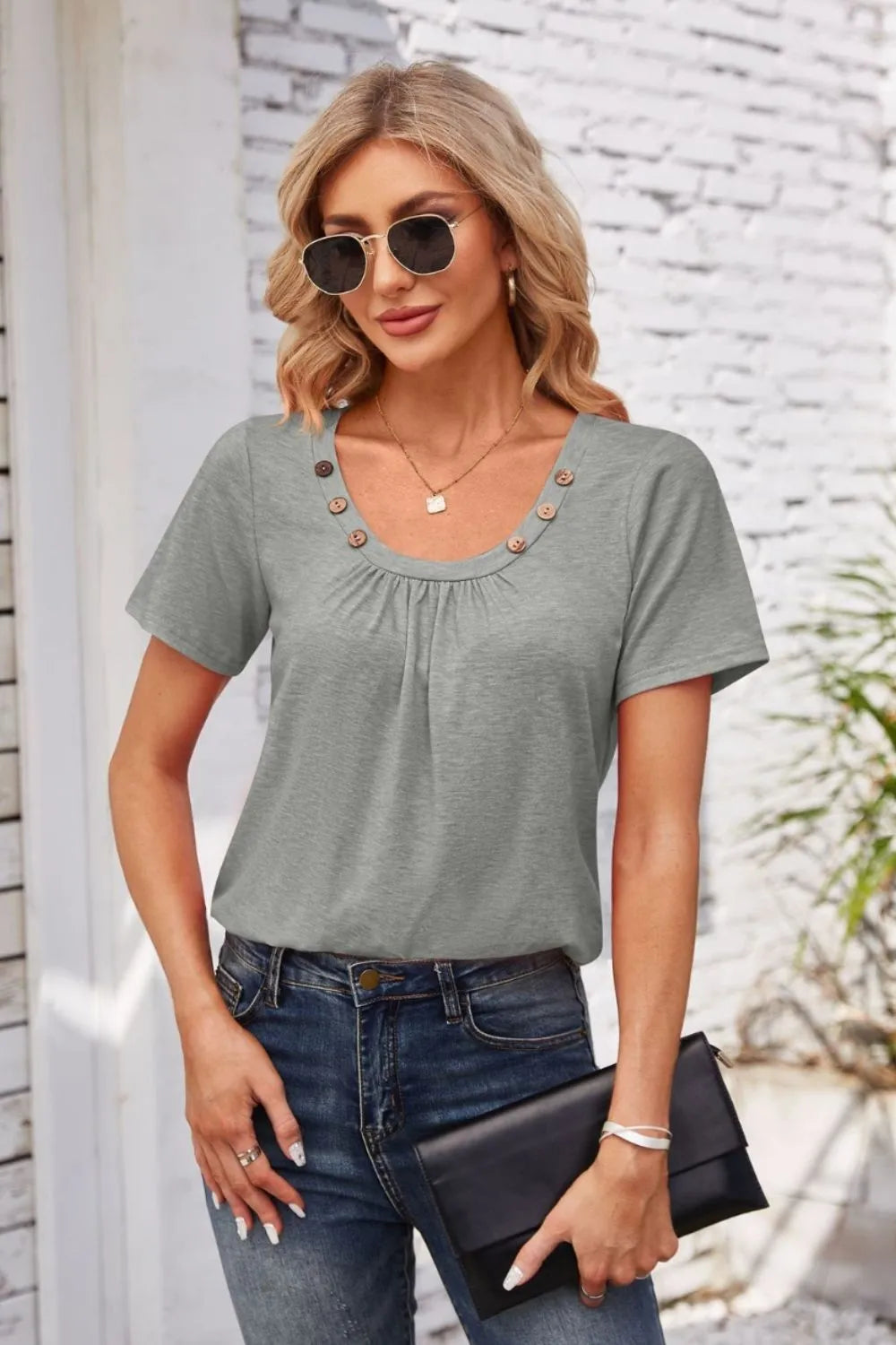 Decorative Button Scoop Neck T-Shirt - Korvel