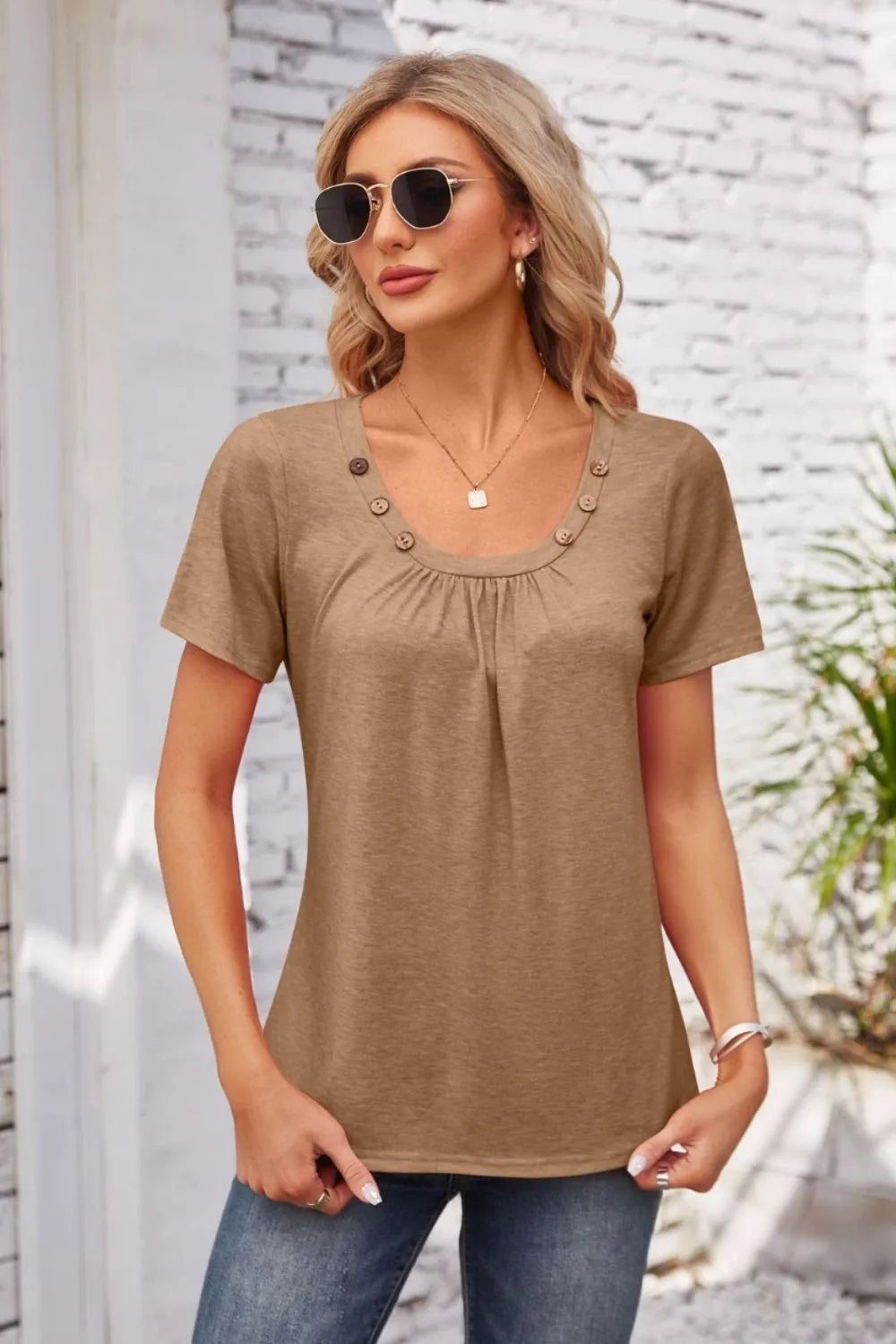Decorative Button Scoop Neck T-Shirt - Korvel