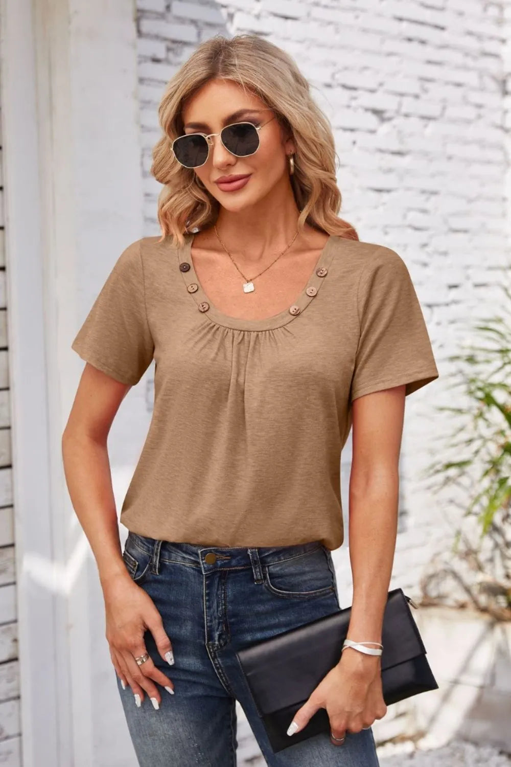 Decorative Button Scoop Neck T-Shirt - Korvel