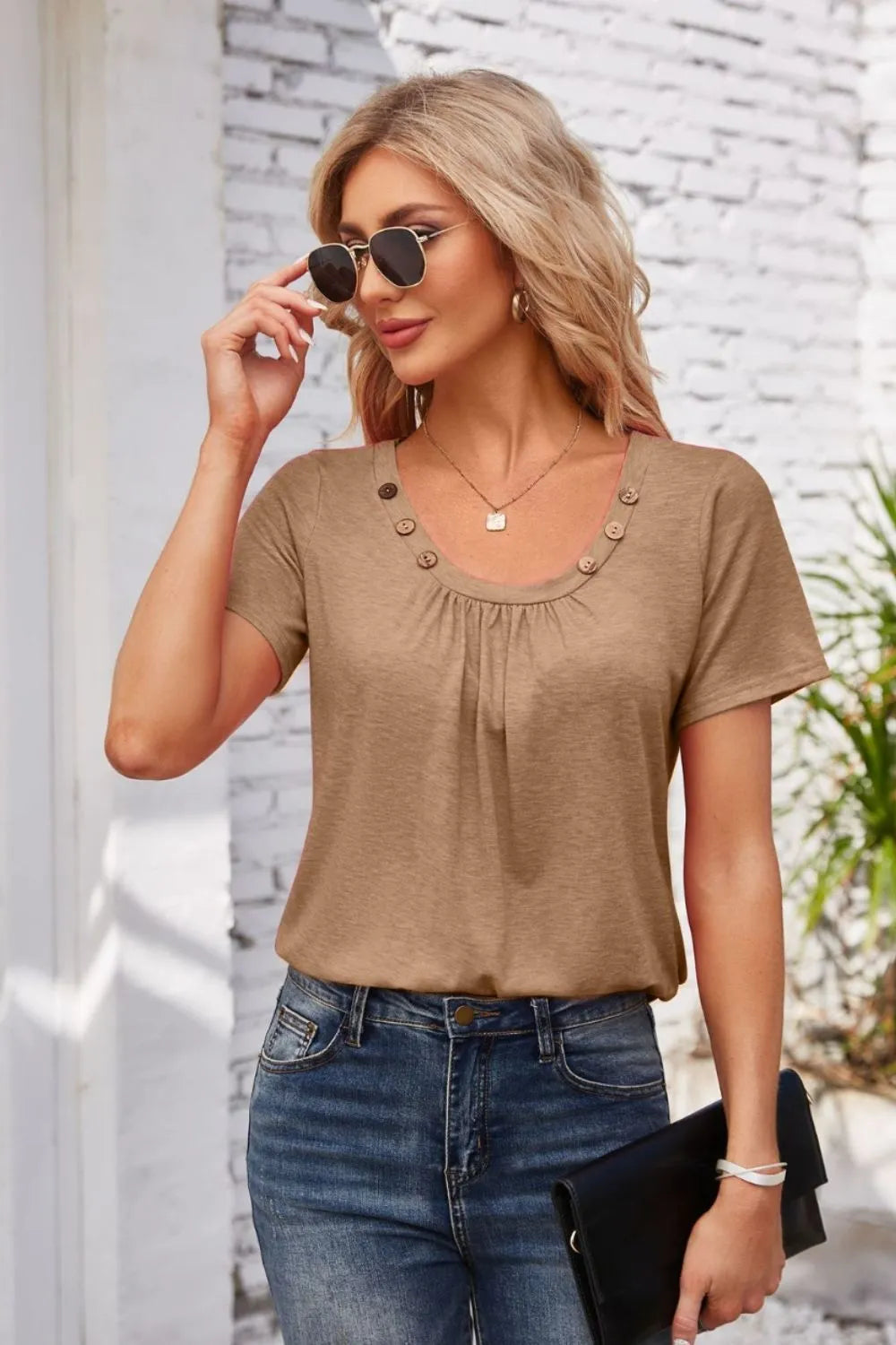 Decorative Button Scoop Neck T-Shirt - Korvel