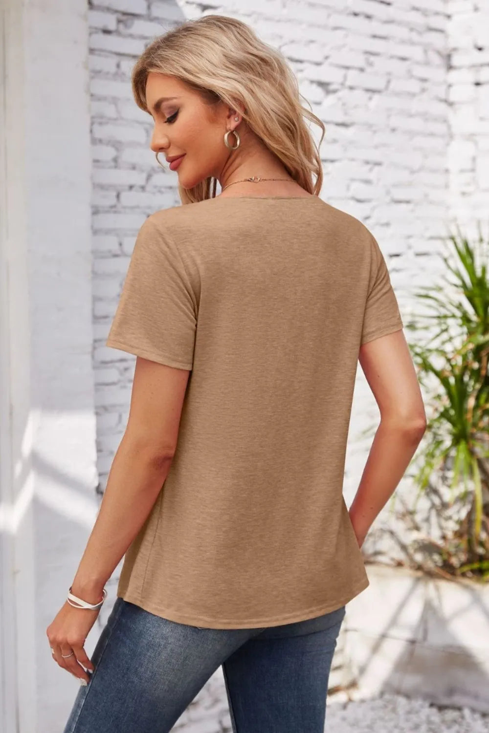 Decorative Button Scoop Neck T-Shirt - Korvel