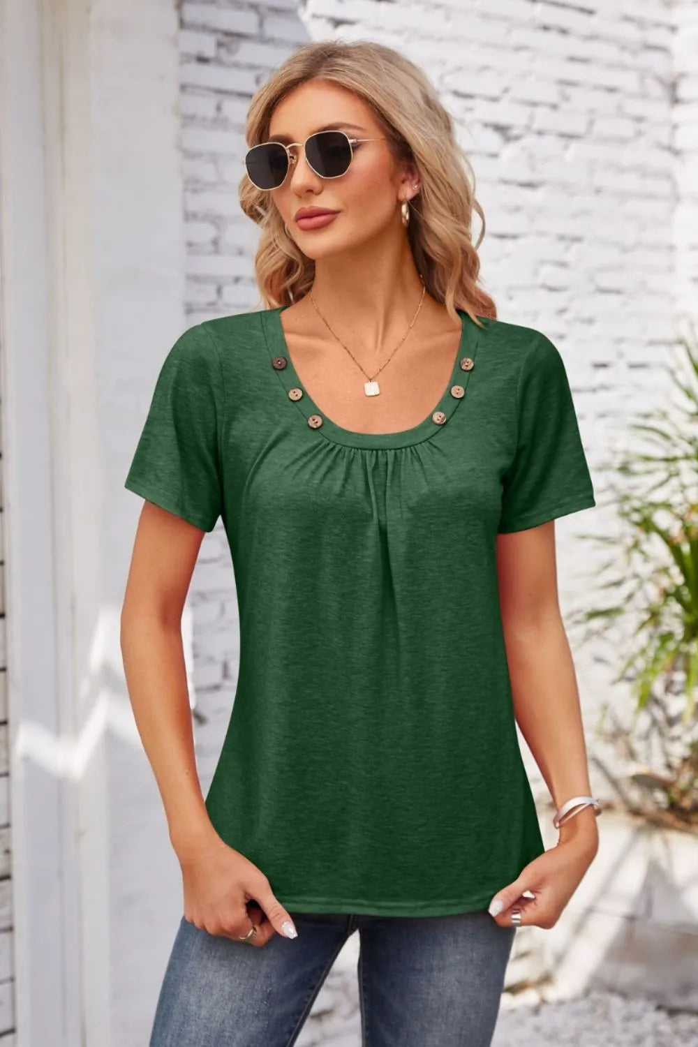 Decorative Button Scoop Neck T-Shirt - Korvel