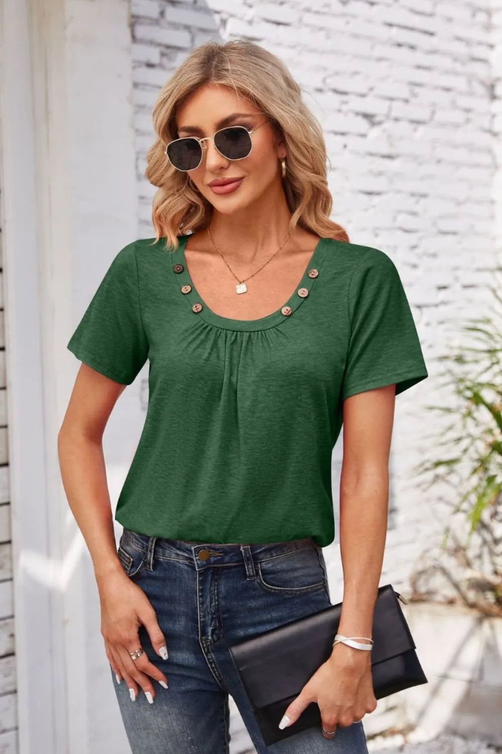 Decorative Button Scoop Neck T-Shirt - Korvel