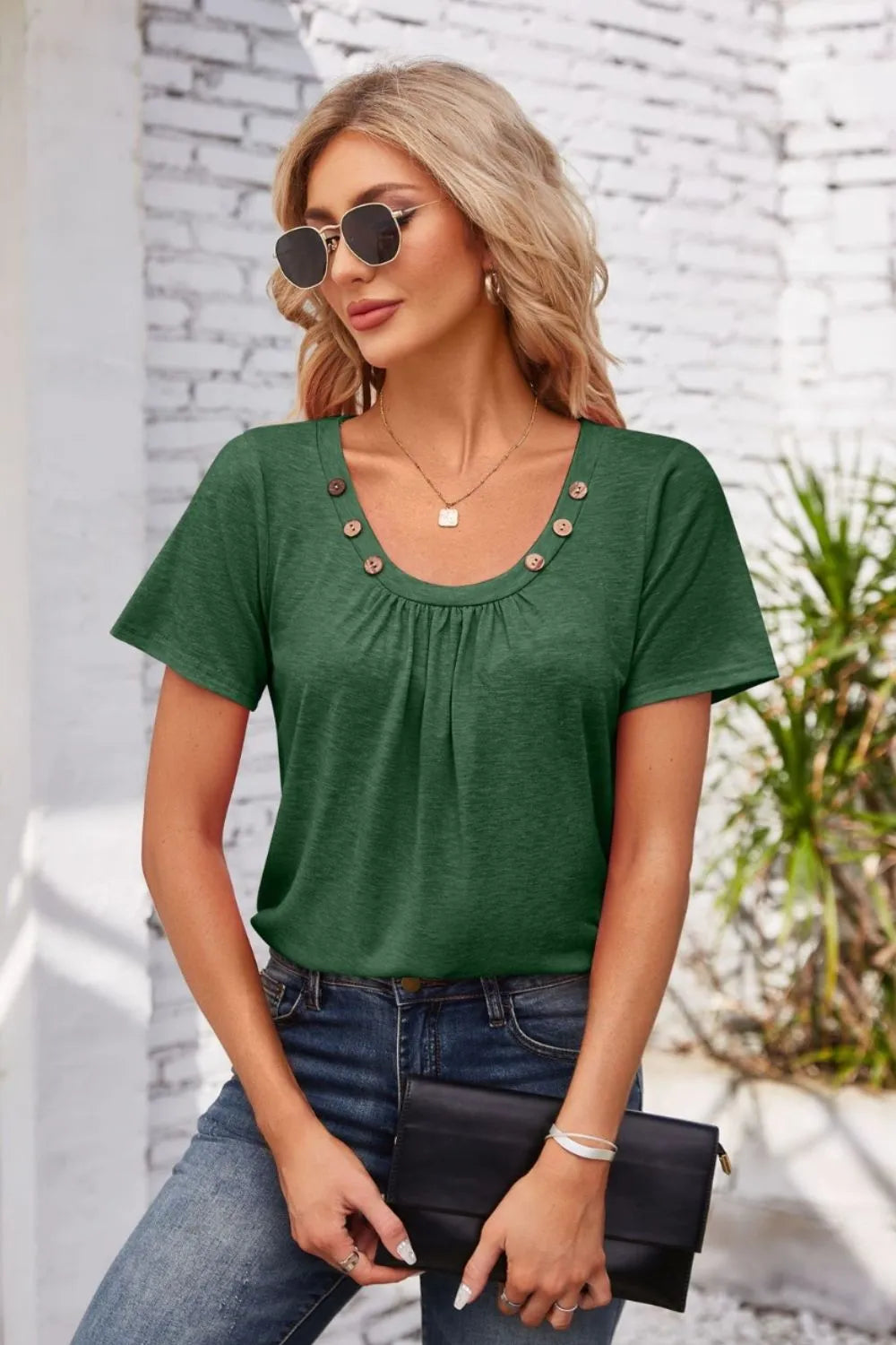 Decorative Button Scoop Neck T-Shirt - Korvel